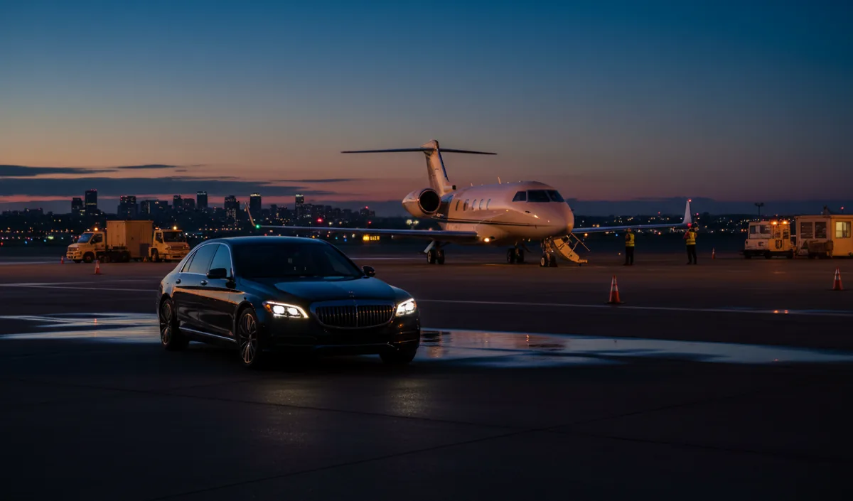 A luxury car waiting on the tarmac for passengers to disembark from a private jet at night.