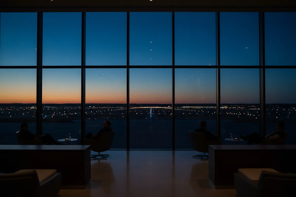 Silhouetted travelers in a modern airport lounge look out at a private airfield at twilight.