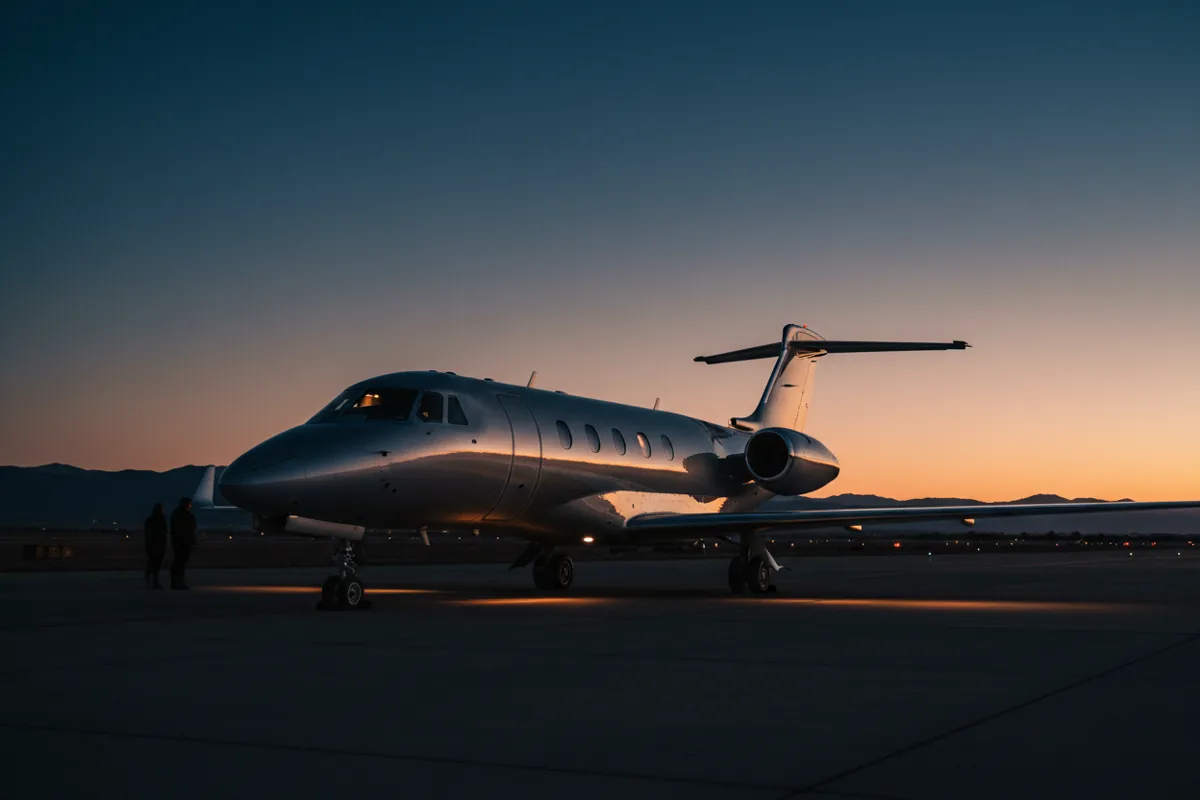 A private jet parked on a tarmac, its silhouette outlined by the warm glow of a sunset.