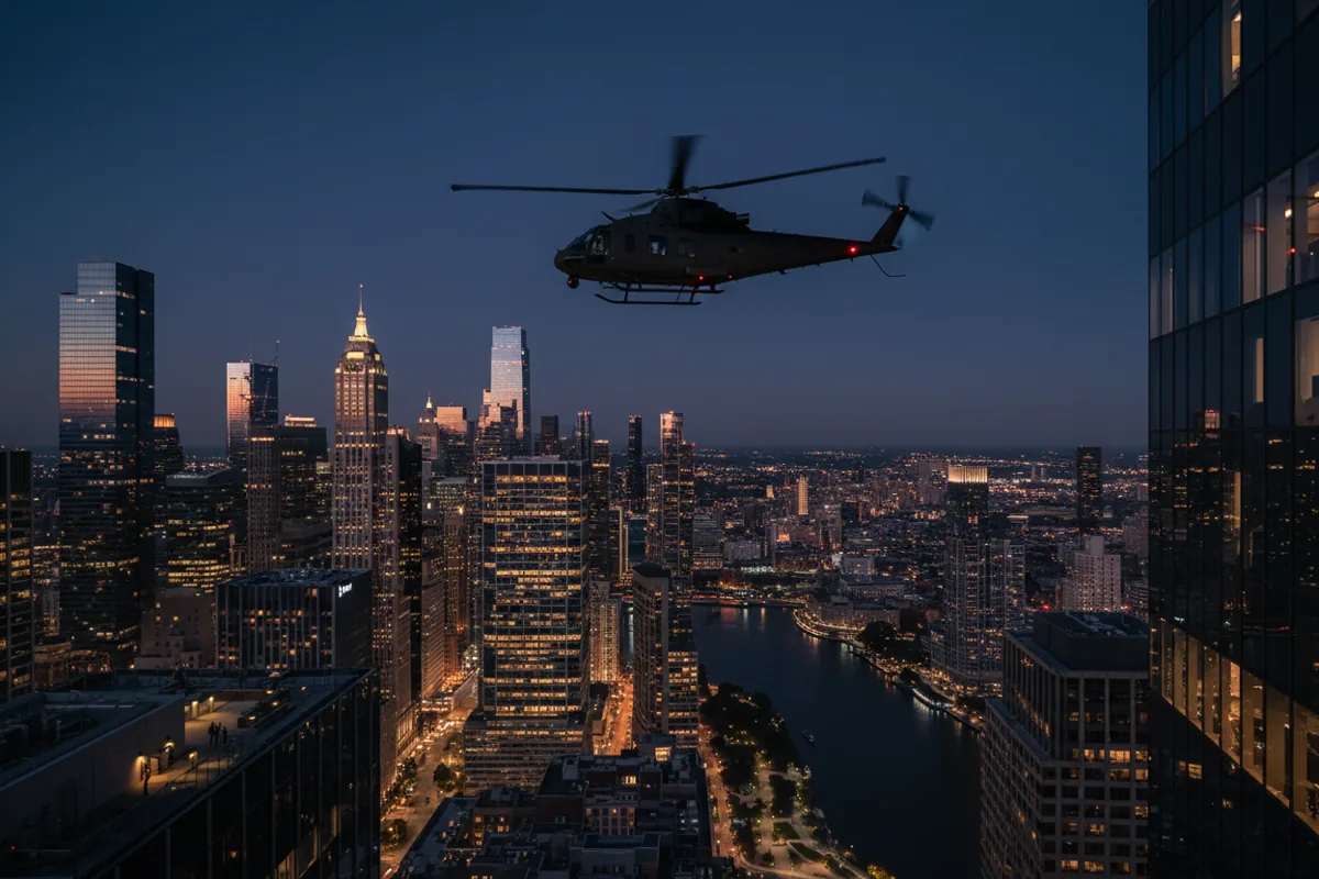A helicopter flies over an illuminated city skyline at blue hour.