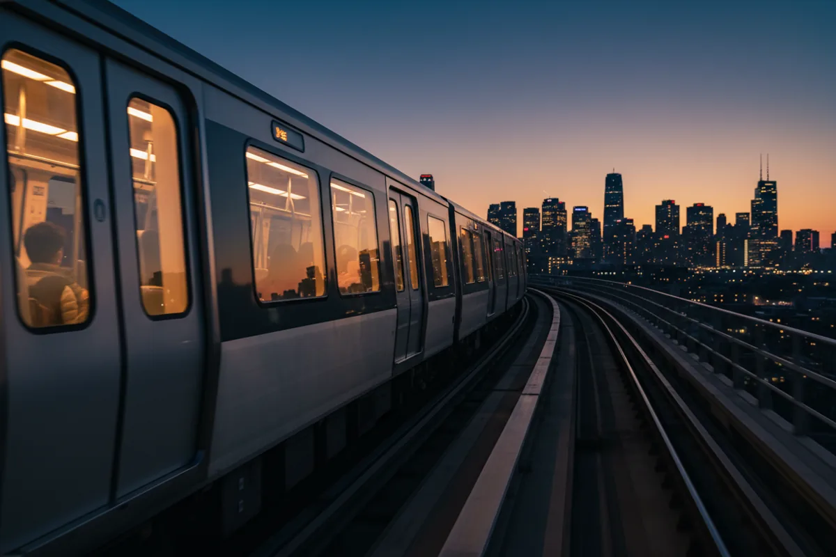 A modern commuter train travels on an elevated track at dusk, with blurred city lights in the background.
