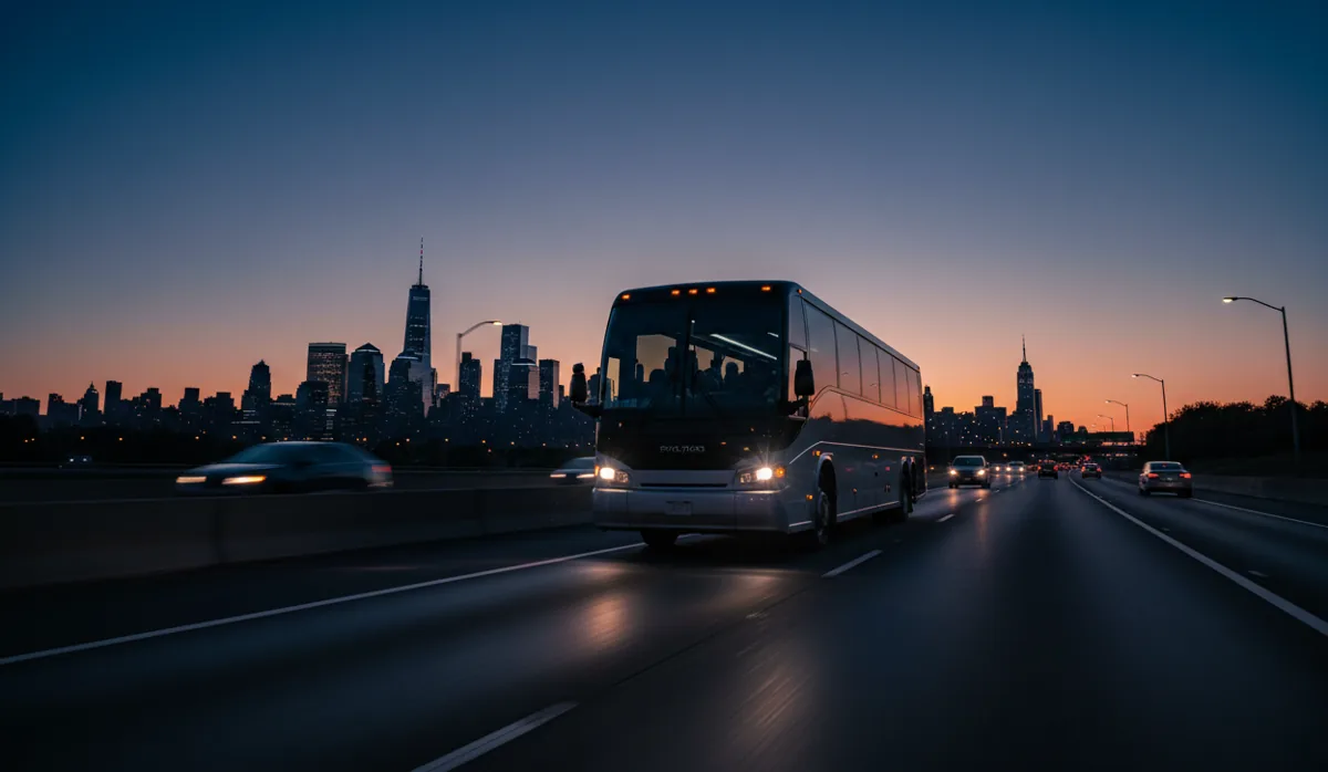 A coach bus on a highway at dusk, driving towards a distant city skyline.
