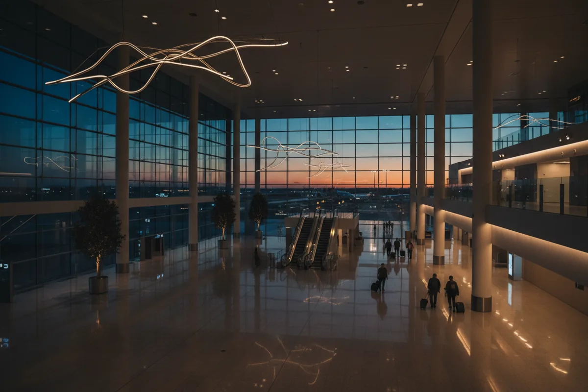 A modern, spacious airport terminal interior at dusk with a few distant travelers.