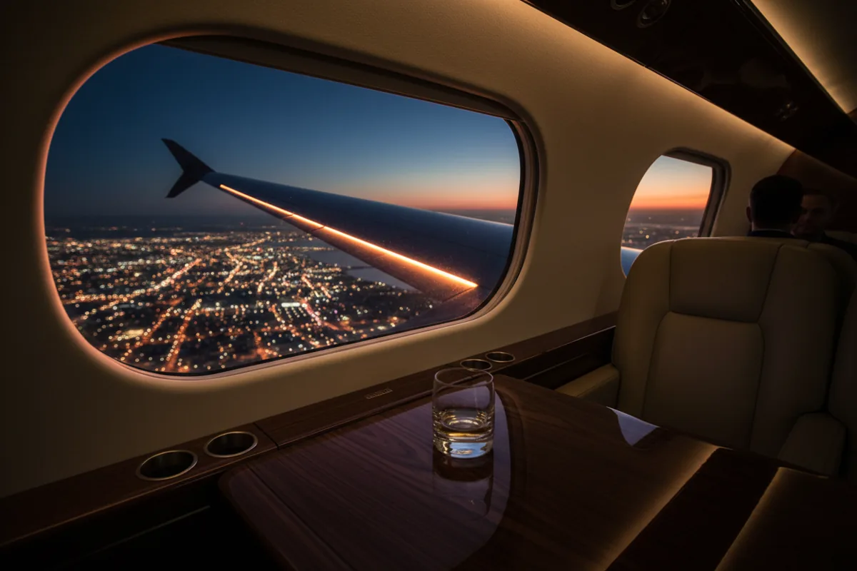 View from a private jet window showing the wing and blurred city lights below at night.