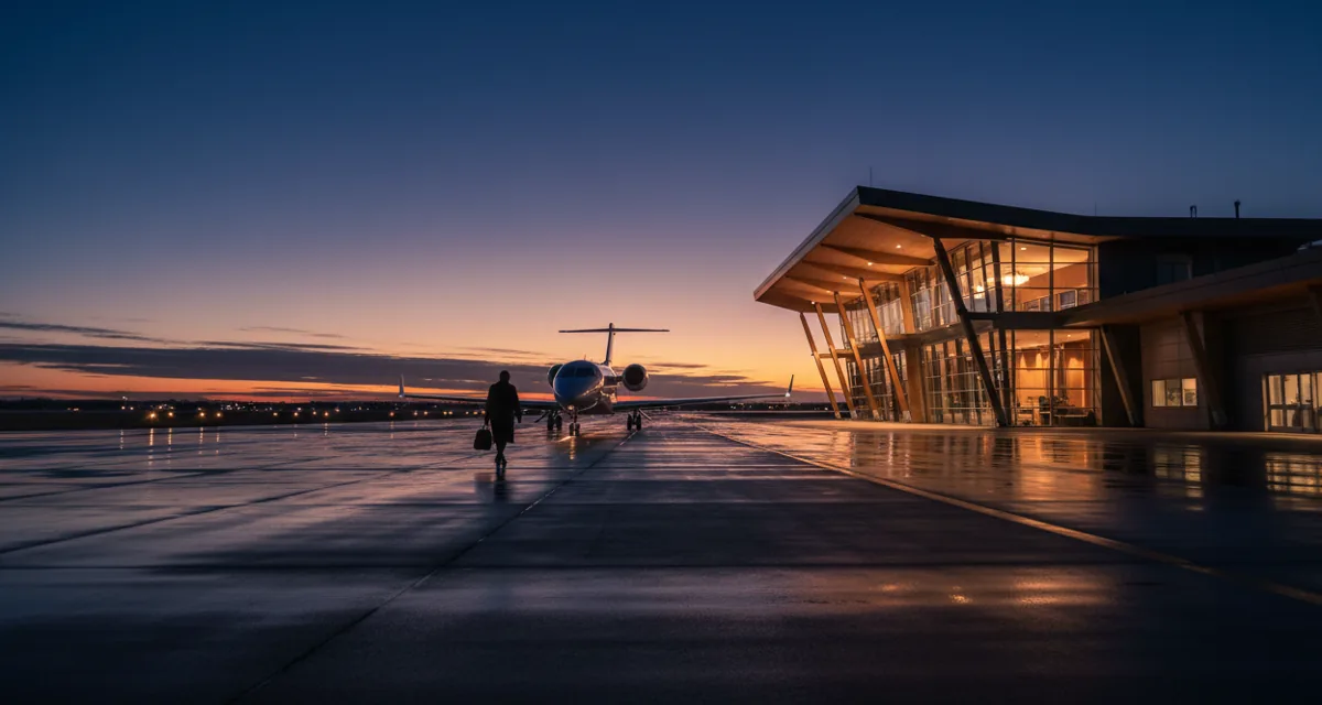 A person walks towards a private jet on the tarmac of a modern airport terminal at twilight.