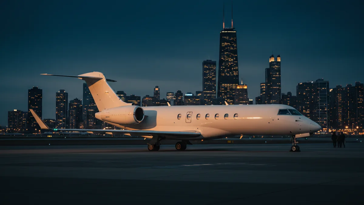 A midsize business jet on an airport apron at twilight with the Chicago skyline and Willis Tower in the distance.