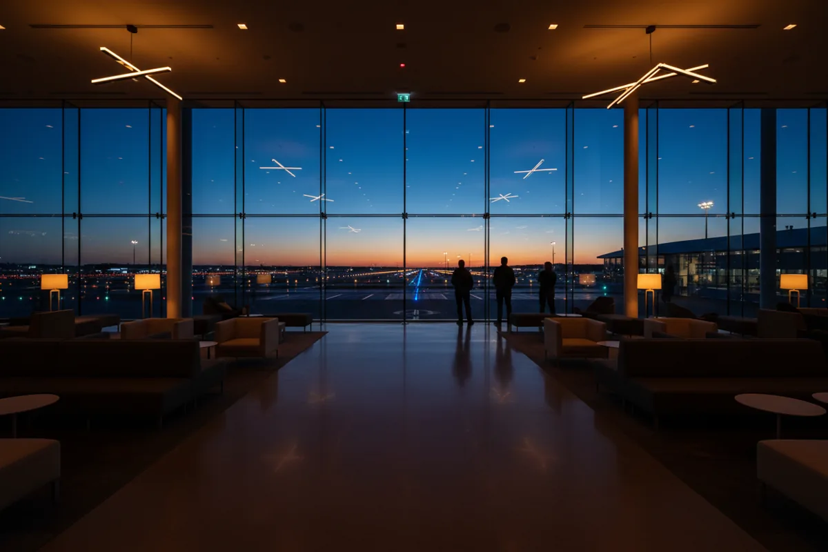 A modern airport lounge with large windows overlooking a runway at dusk.