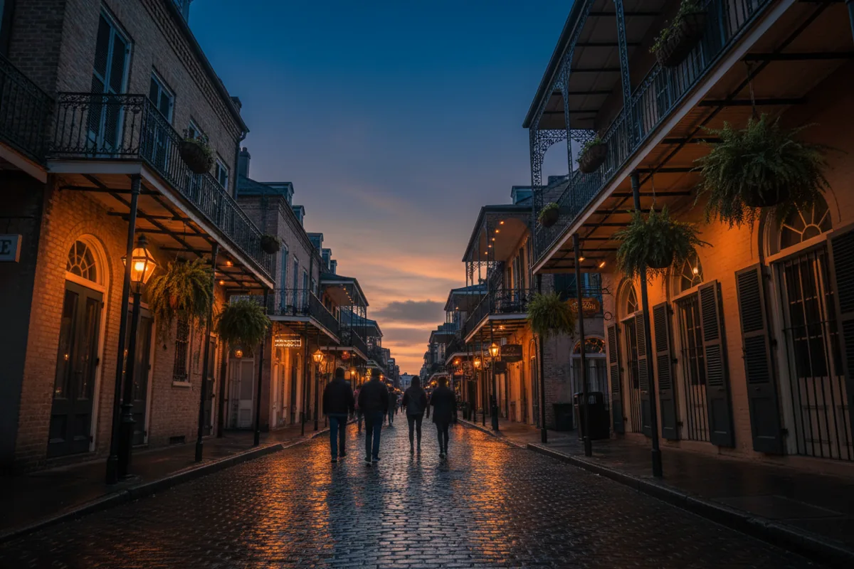 A street corner in the New Orleans French Quarter at dusk with glowing gas lamps.