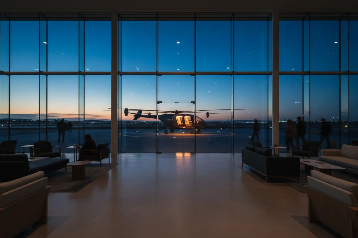 A modern airport lounge with large windows overlooking a futuristic aircraft on a helipad at dusk.