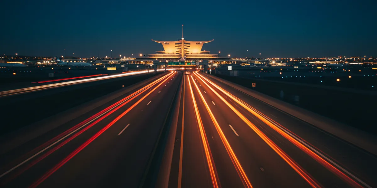 A long exposure of a highway leading to JFK airport at night, with light trails from cars and the TWA hotel in the distance.
