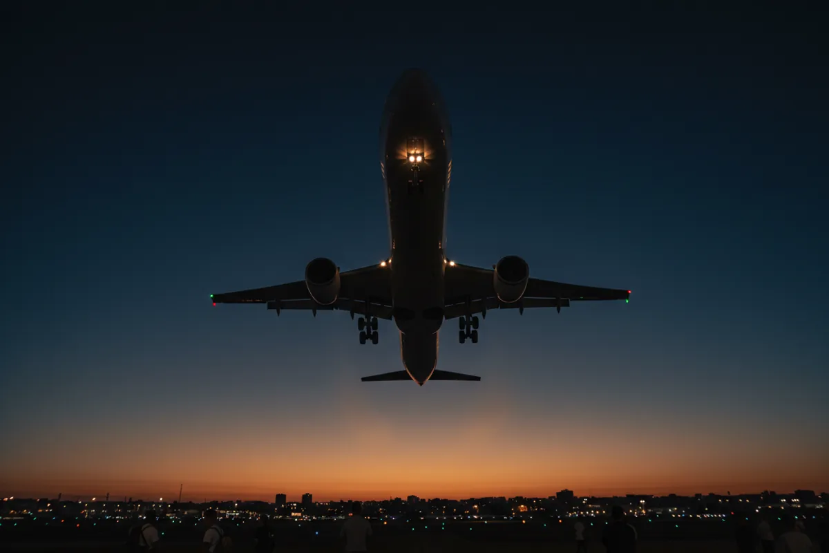 A large passenger airplane taking off and climbing into the sky just after sunset.