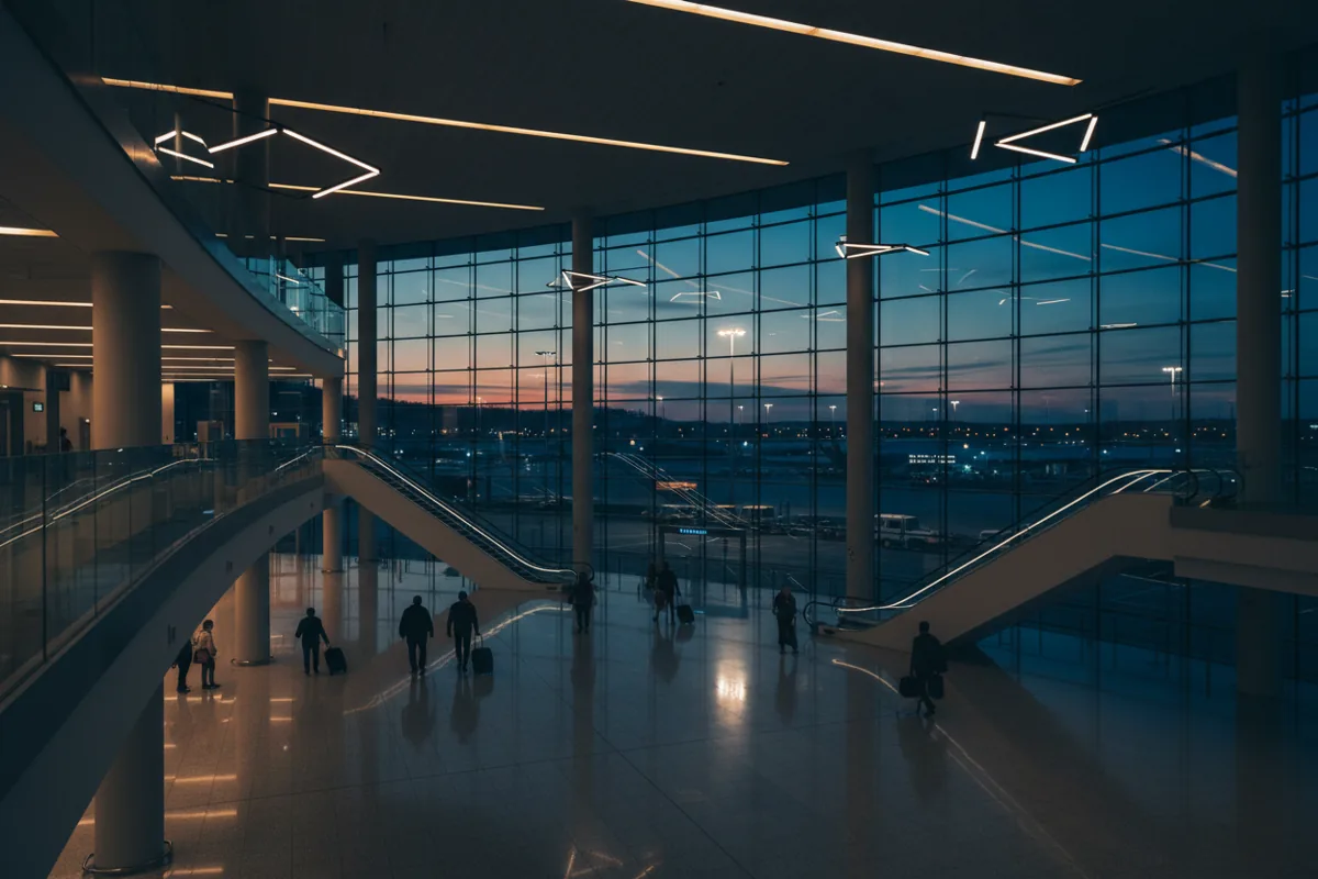 The interior of a spacious, modern airport terminal with large windows at dusk.