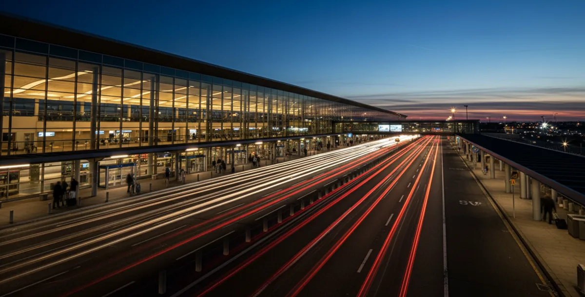 Light trails from cars on a road in front of an airport terminal at night.