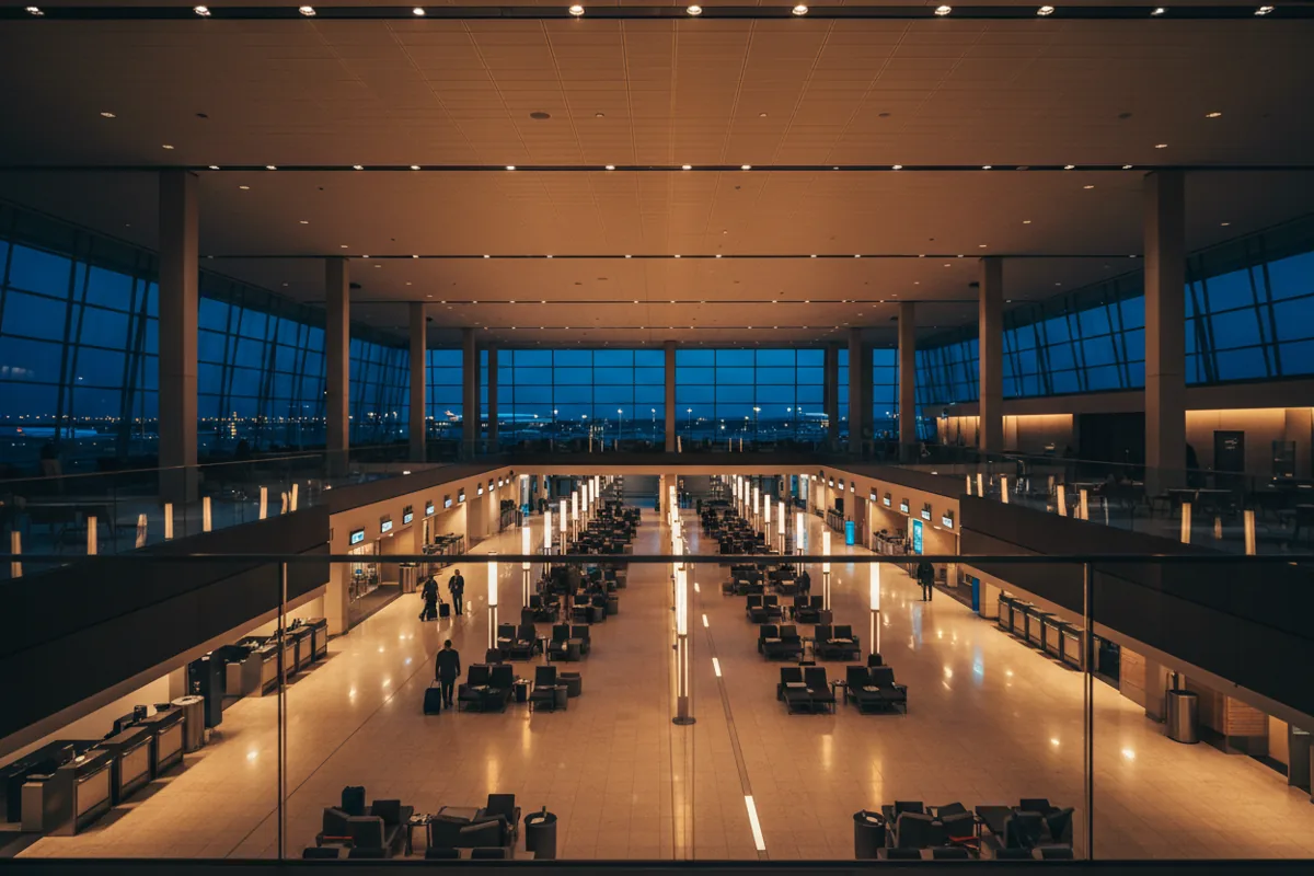 The interior of a spacious, modern airport terminal at night, with travelers below.