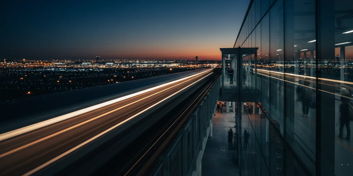 A modern airport train arriving at an elevated station at night.