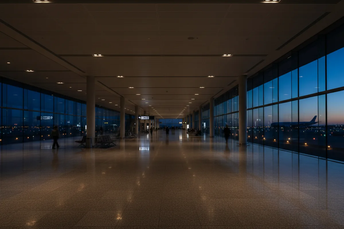 A long, empty airport concourse at dusk, with large windows overlooking the airfield.