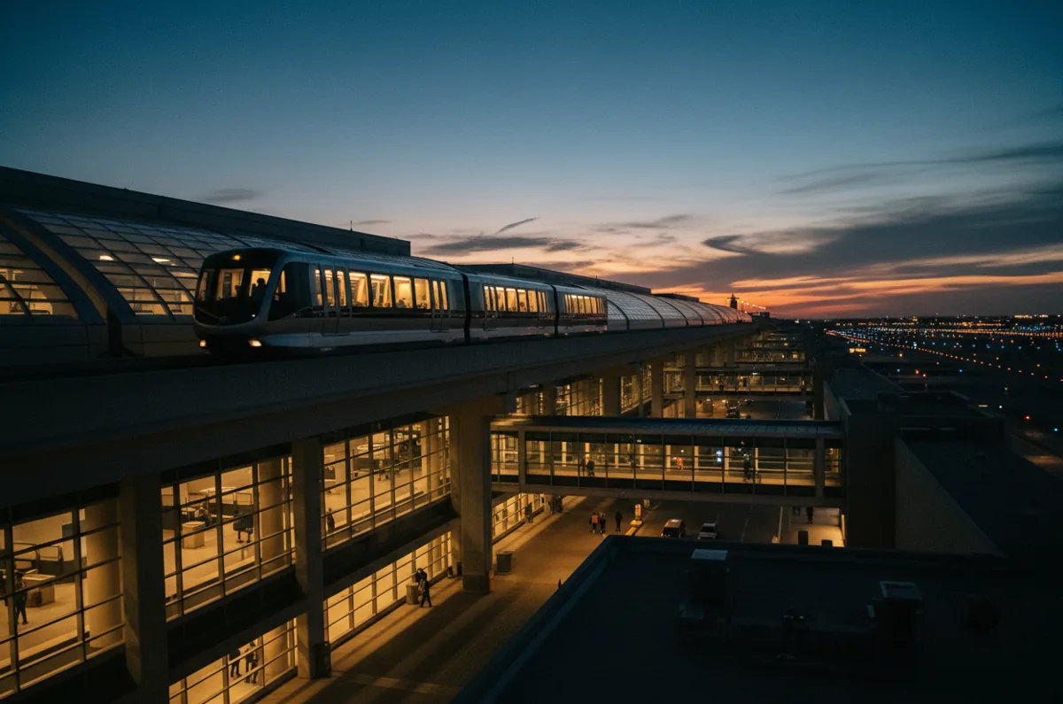 A modern AirTrain travels on an elevated track at an airport at dusk.
