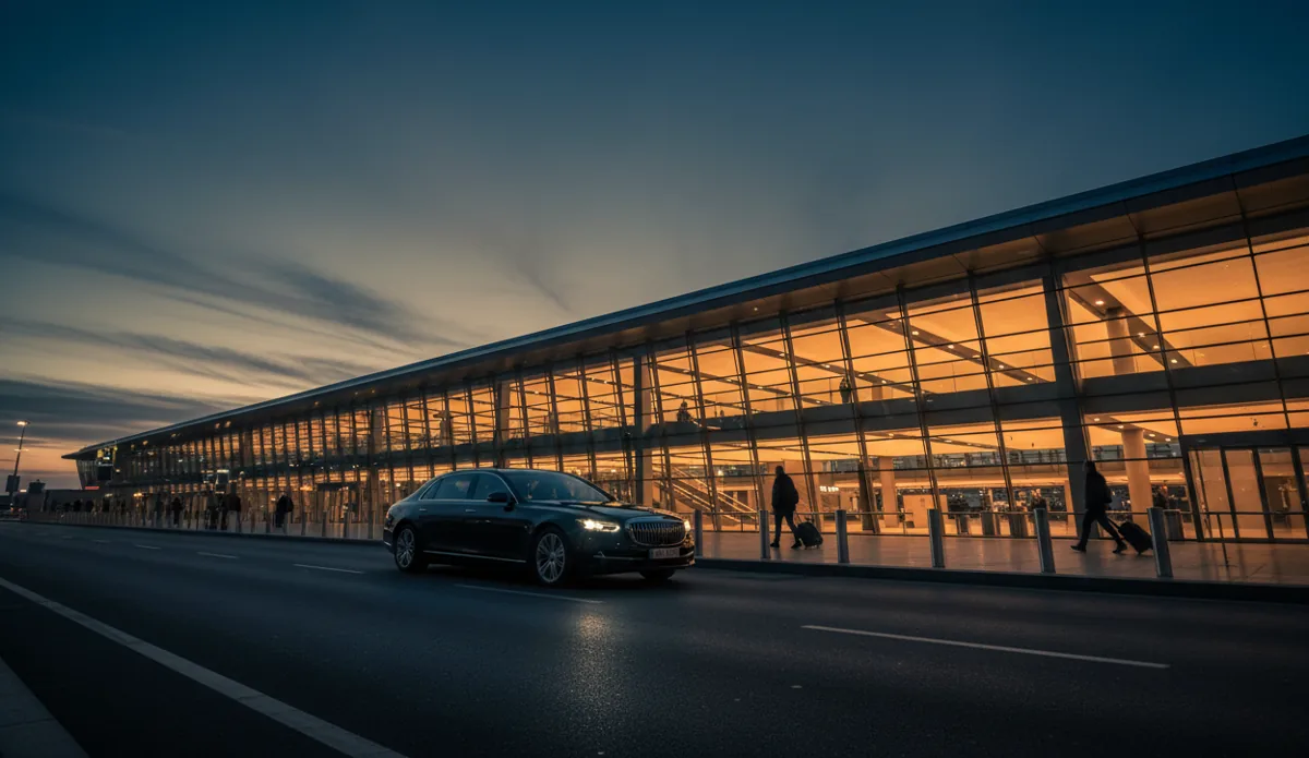 A dark sedan arrives at an airport terminal departure area at night.