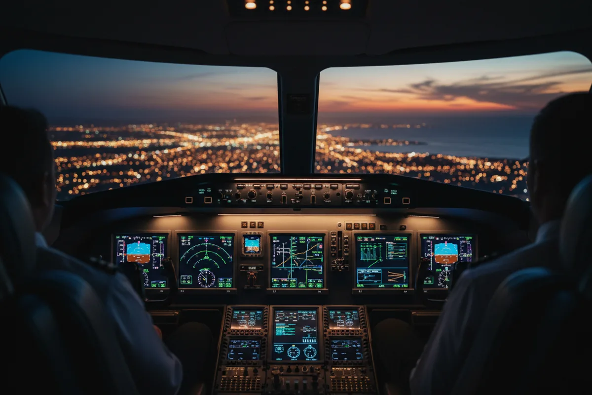 The illuminated glass cockpit of a private jet flying over a city at night.