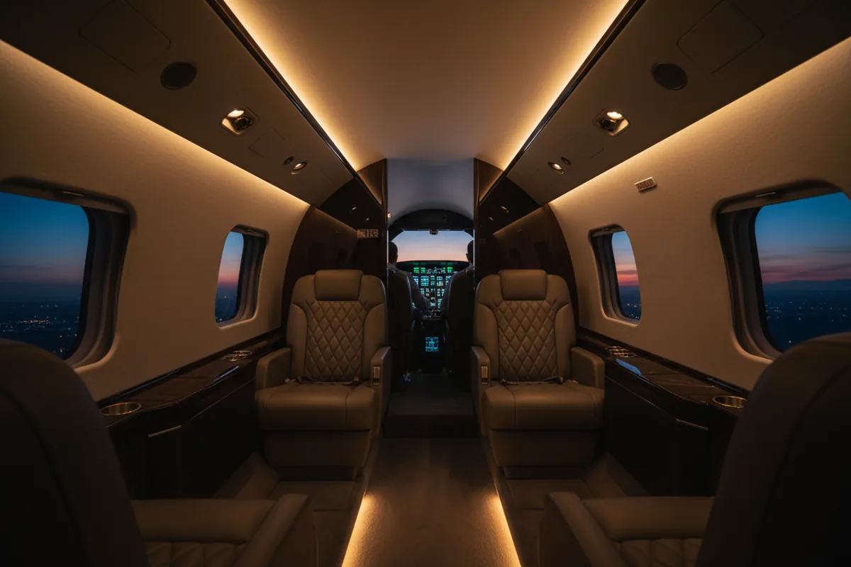 The empty, warmly lit passenger cabin of a modern luxury private jet.