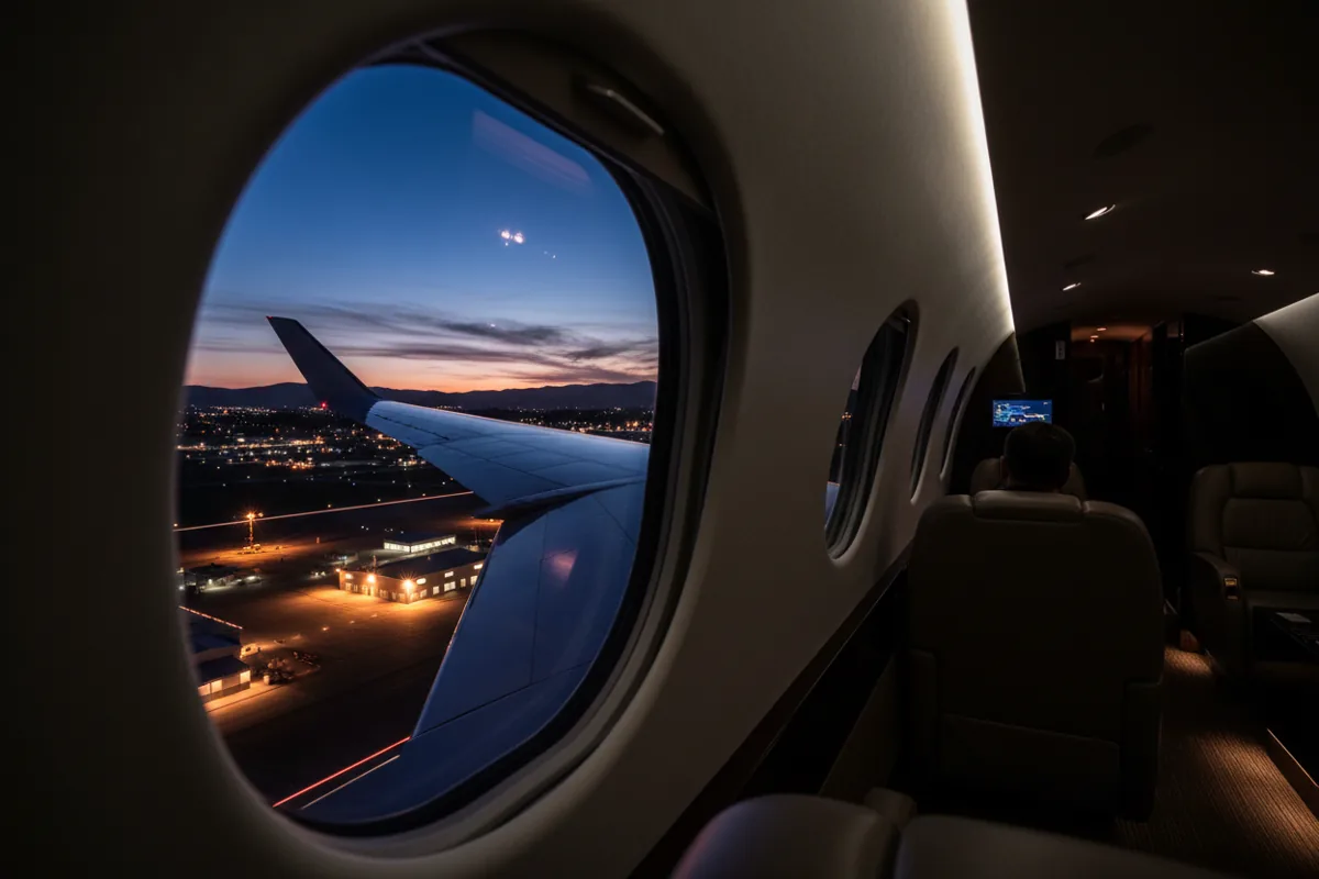 View of a private jet wing and a small airfield at twilight from a cabin window.