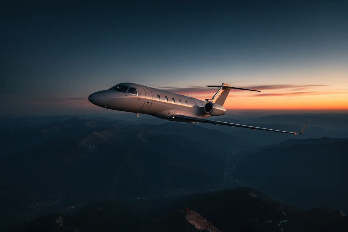 A private jet flies over a mountain range at sunset.