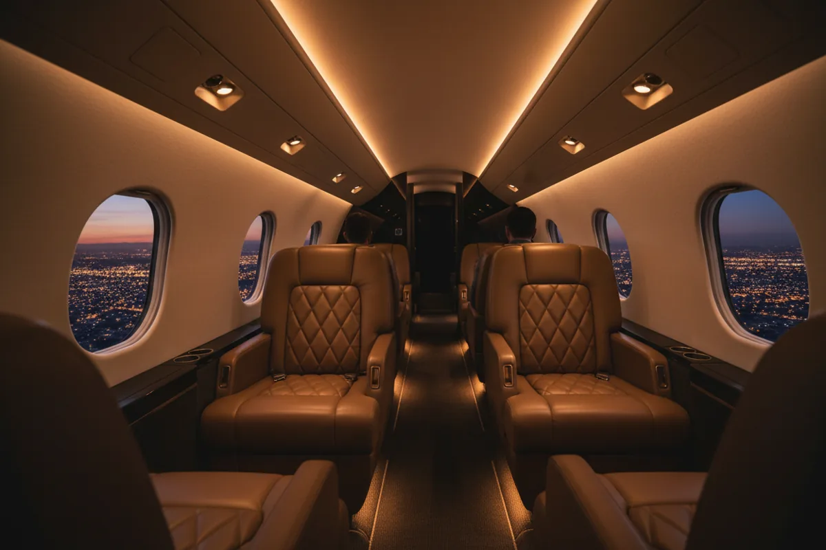 The interior of a small luxury private jet cabin with leather seats, illuminated by warm lighting at night.