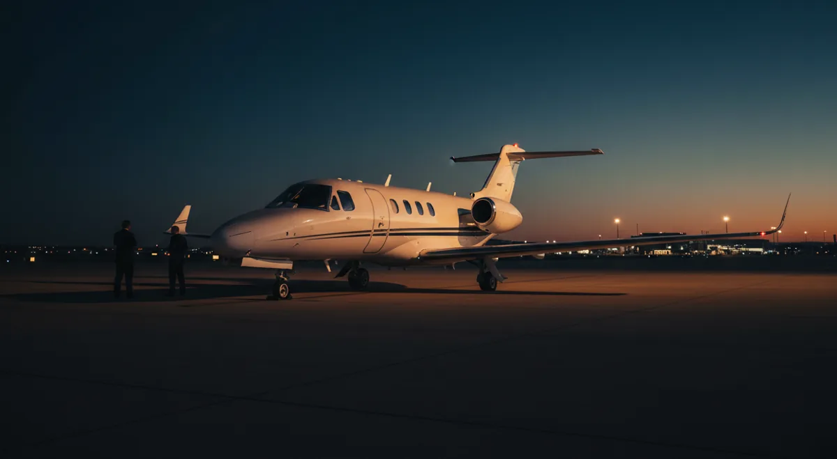 Exterior of a white Citation CJ2 private jet on a tarmac, highlighted by the warm glow of sunrise.