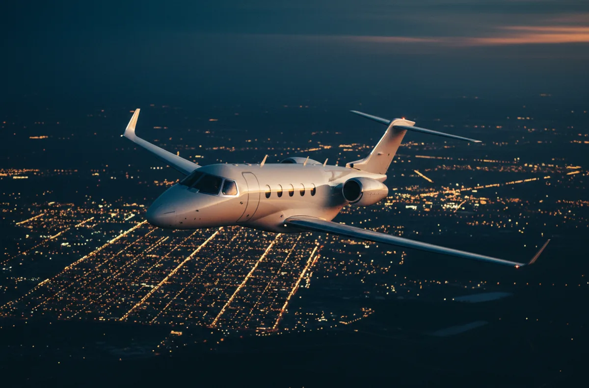 A private jet flying over a glowing city at dusk.