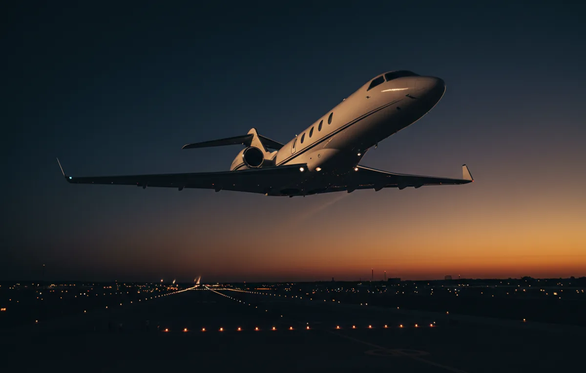 A private jet climbs into the sky above a runway at dusk.