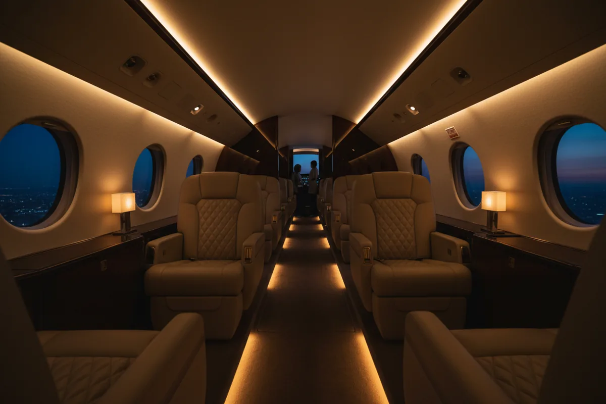 The empty, warmly lit interior of a luxurious private jet cabin at twilight.
