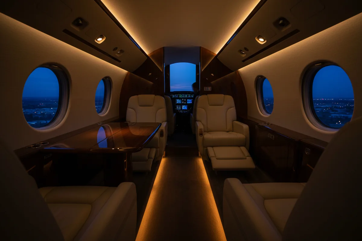 The warmly lit interior of a luxurious private jet cabin at twilight.