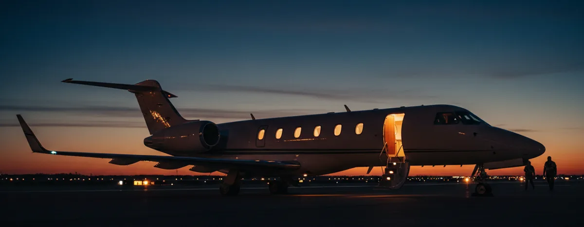 A light business jet with its airstair open on an airport apron at dusk.