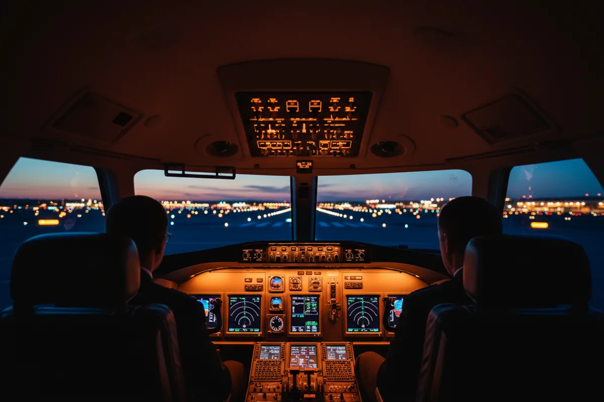 The glowing instrument panel and controls inside the cockpit of a private jet at dusk.