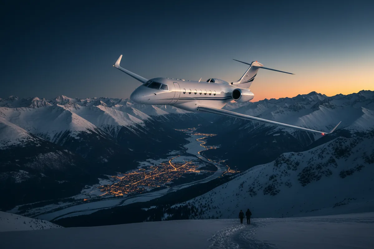 A small private jet flies over a snow-covered mountain range at twilight.