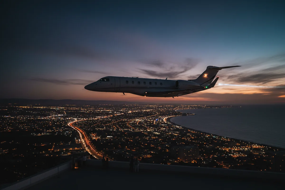 A private jet in flight over a coastal city at twilight, with city lights beginning to glow below.