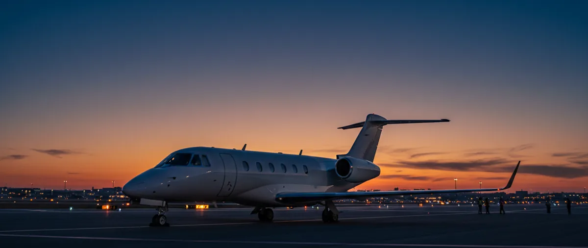 A white Citation X private jet sits on an airport tarmac at sunset, with golden light highlighting its sleek design.