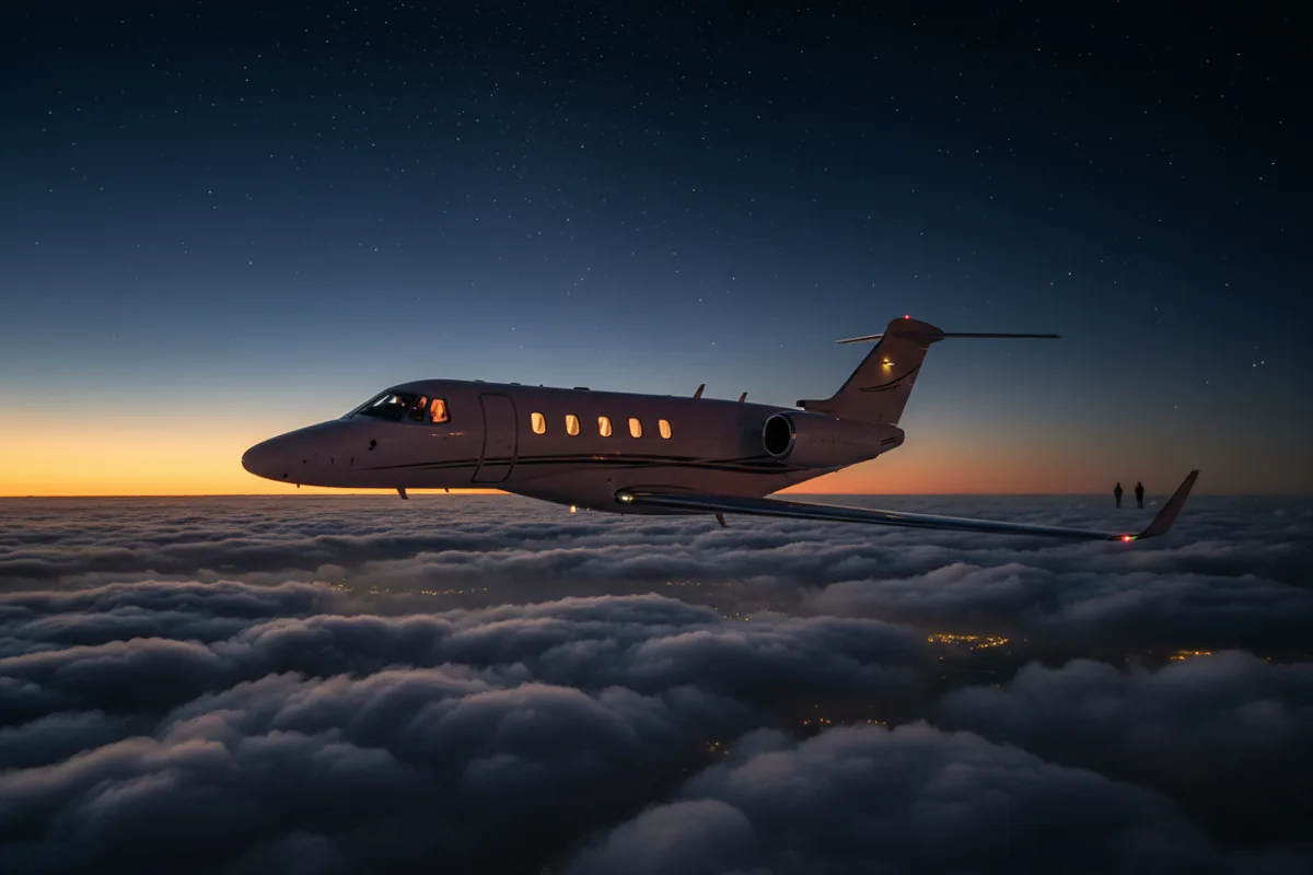 A private jet in flight high above the clouds at twilight.