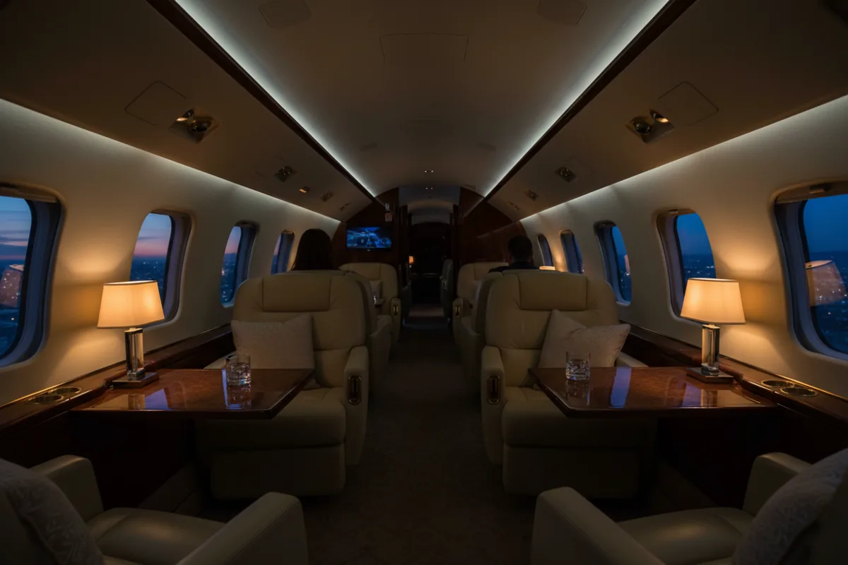 The empty, warmly lit interior of a luxurious private jet cabin at twilight.
