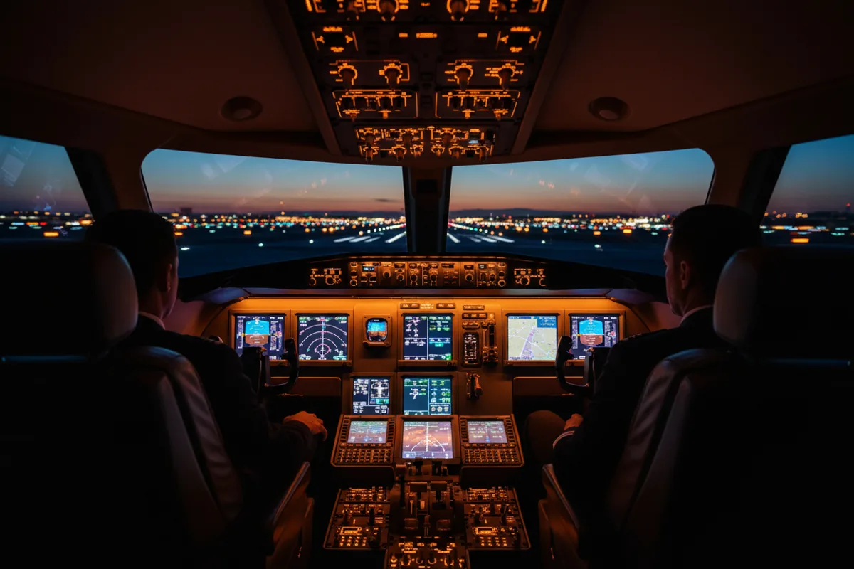 The glowing instrument panels and screens in the cockpit of a modern private jet at night.