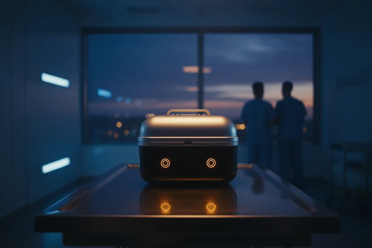 A close-up of a modern organ preservation device with glowing lights in a medical facility.
