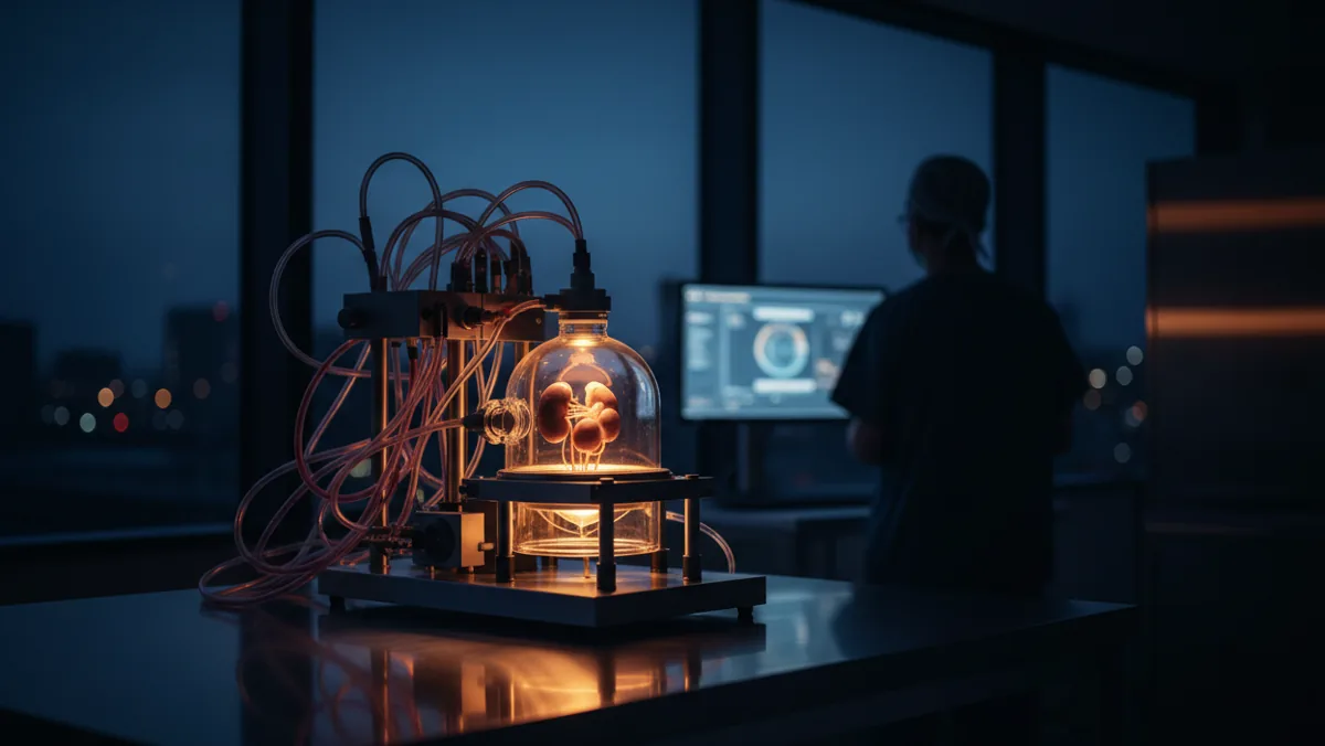 A machine perfusion system actively preserving an organ in a high-tech laboratory.