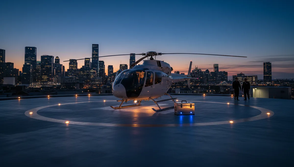 A helicopter and a medical organ transport cooler on a rooftop helipad at dusk.