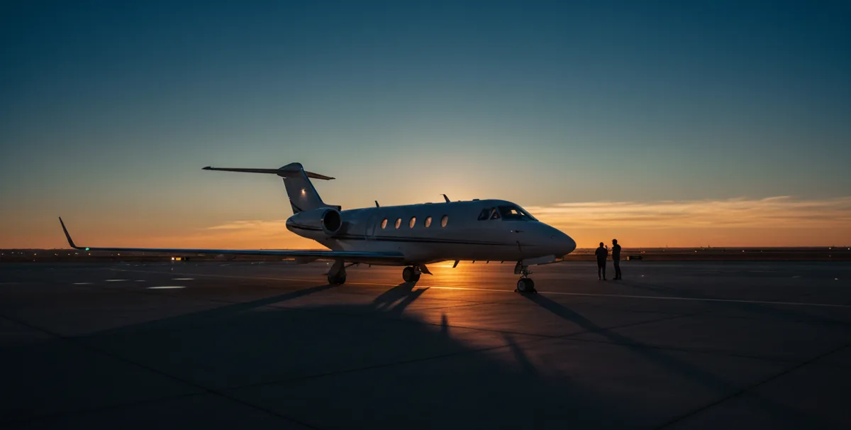 A sleek private jet parked on an airport runway, bathed in the warm light of a setting sun.