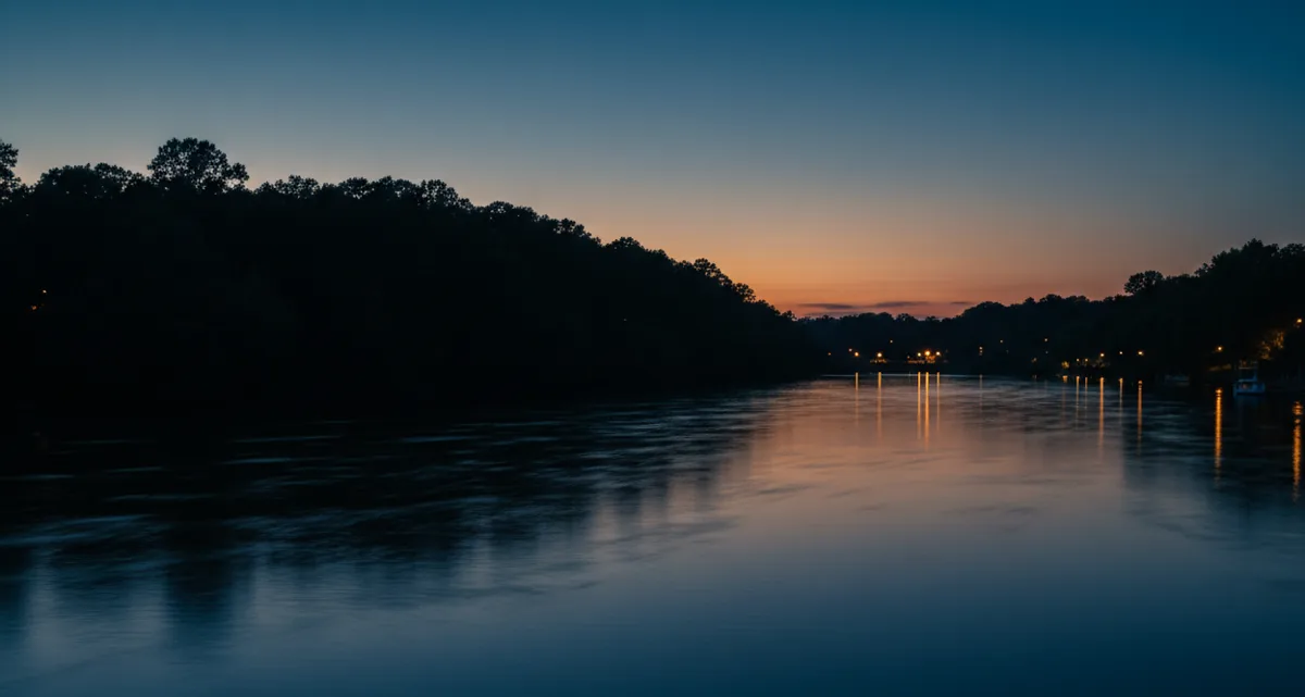 The Saluda River in Columbia, SC, at sunset, with warm light reflecting on the calm water and trees on the riverbank.