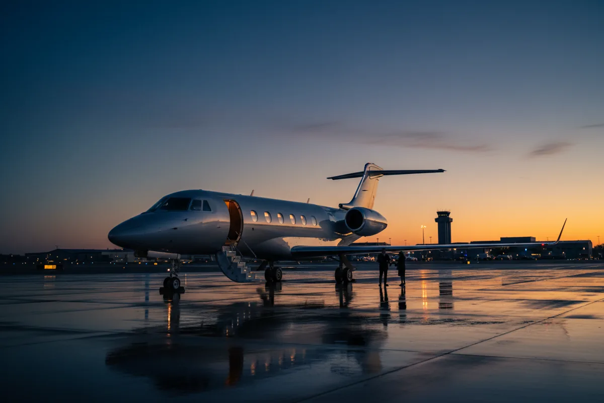 A private jet sits on an empty airport tarmac at sunrise.