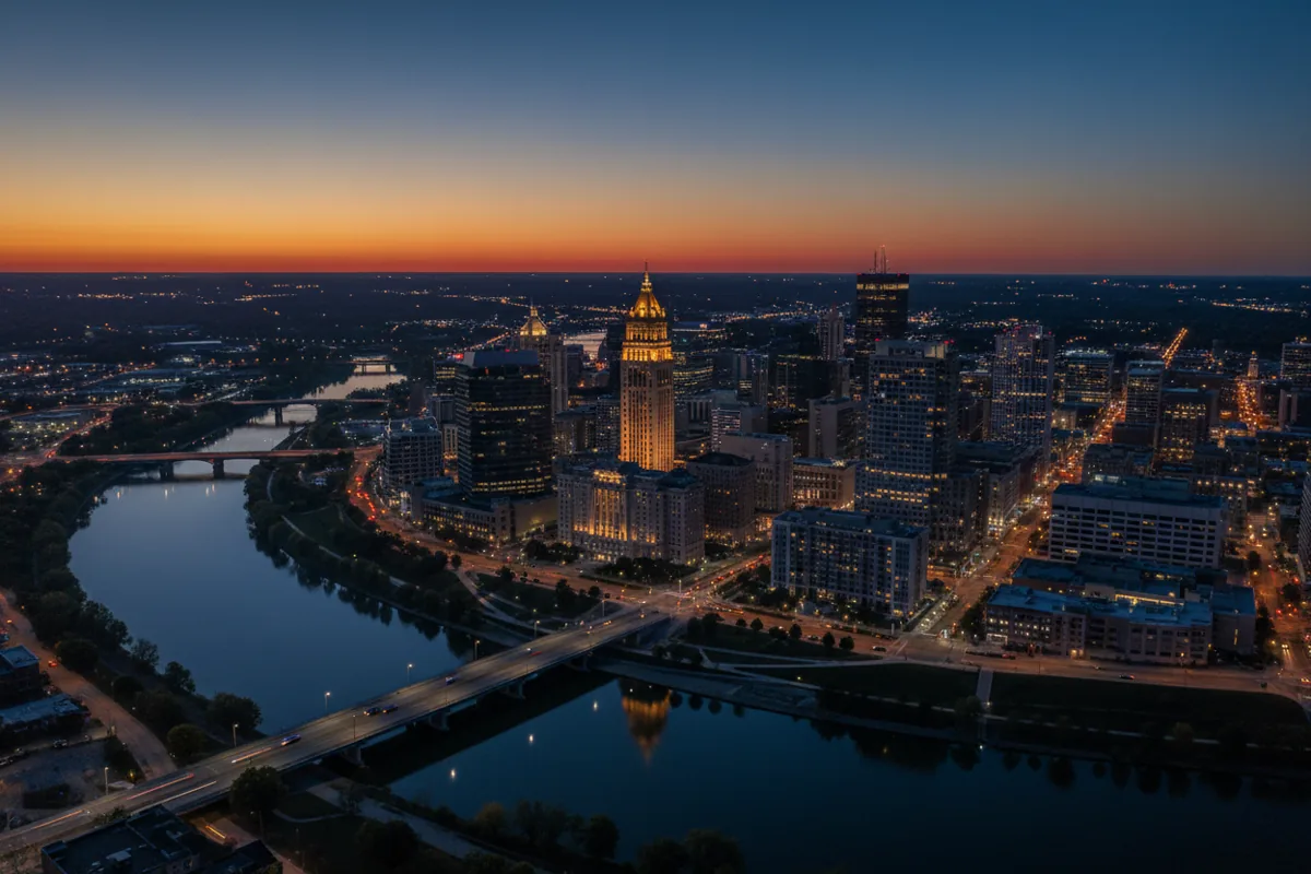 Aerial view of downtown Columbus, Ohio and the Scioto River at blue hour.