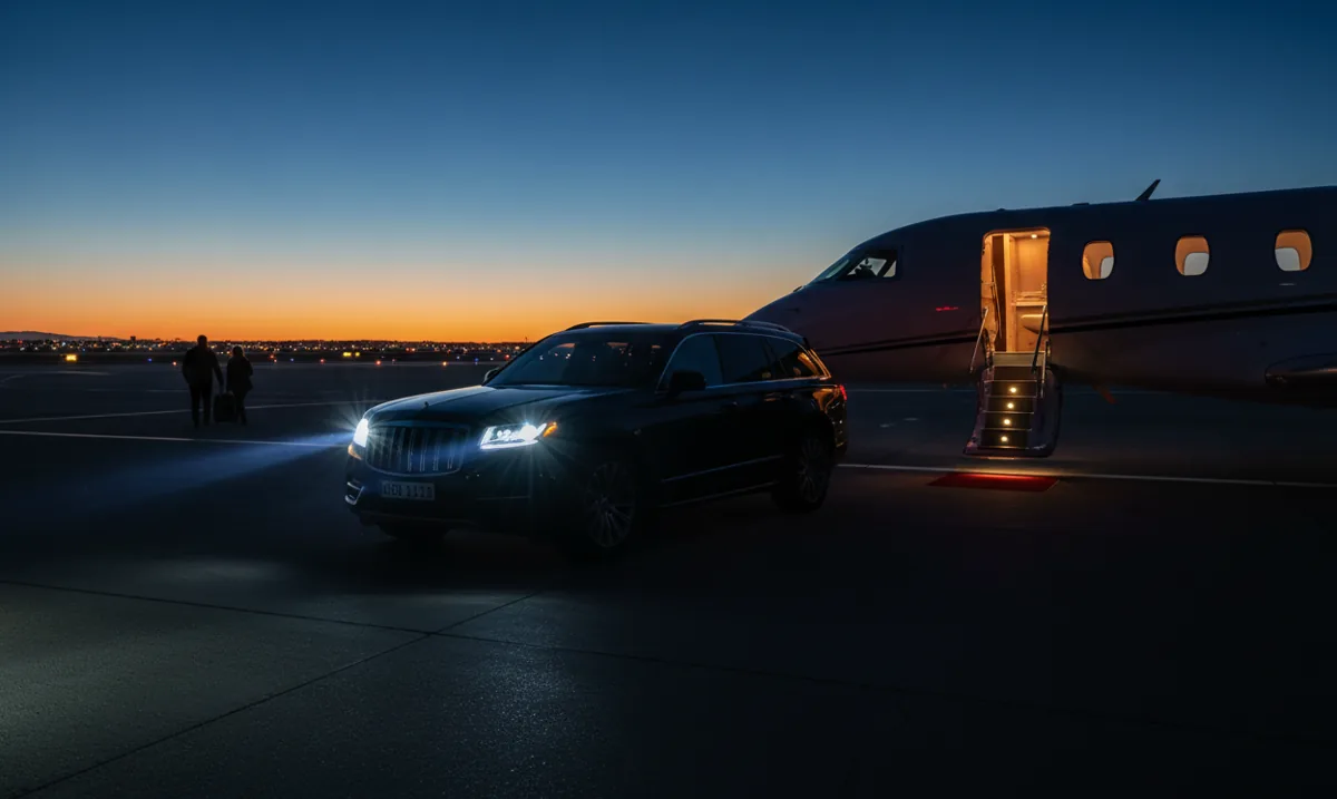 A black luxury SUV parked next to a private jet with an open, lit cabin door on an airfield at dusk.