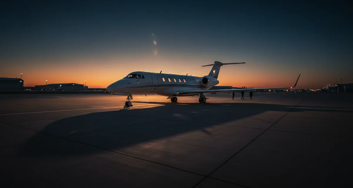A white private jet parked on a quiet tarmac at sunrise, with warm light glinting off its fuselage.