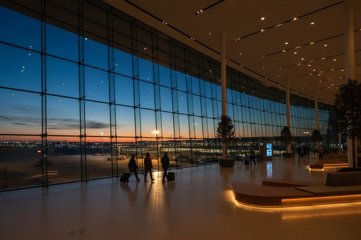 The interior of a modern airport terminal at dusk, with large windows overlooking the airfield.